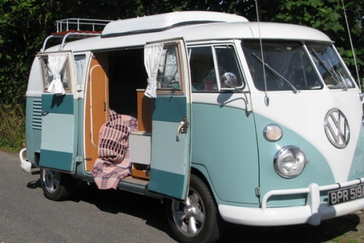 Mid Twentieth Century Welsh Tapestry Blanket - displayed in a VW camper van